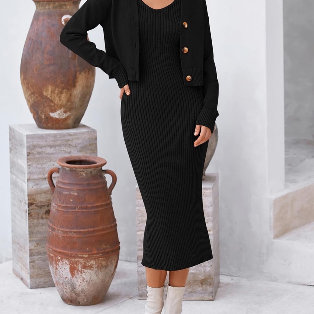 Elegant Black Ribbed Knit Dress with Cardigan